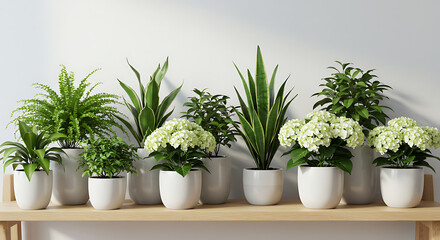 Obraz premium A collection of various potted green plants and white hydrangeas arranged on a light wooden shelf against a white wall.