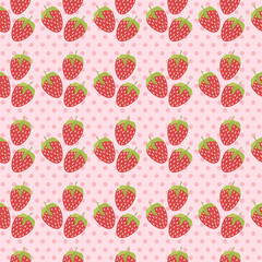 Dense Pattern of Red Strawberries on Pink Polka Dots