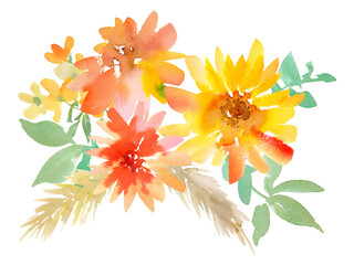 Dahlia and Wildflower Bouquet Clipart for pattern, wedding invitation, banner and package design. Autumn Floral Illustration on a transparent Background. PNG file.