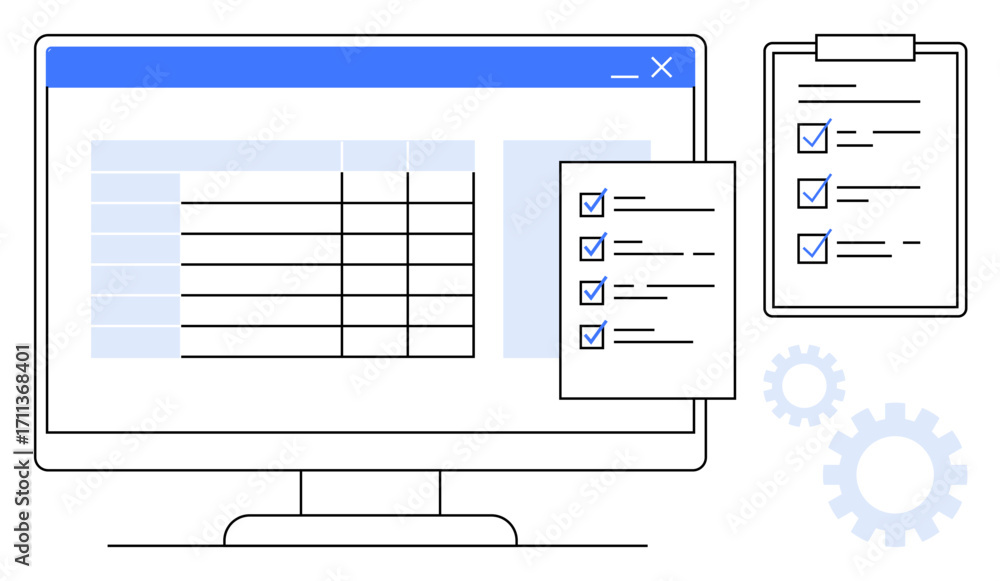 Aufkleber desktop screen with a spreadsheet, clipboard, and task lists with checkmarks alongside gears. ideal 