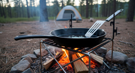 Authentic outdoor cooking experience with a cast iron skillet sizzling over a warm, crackling campfire at a serene forest campsite, perfect for wilderness adventures