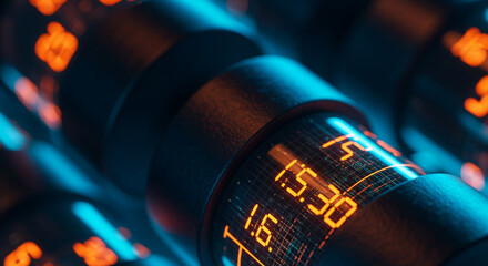 A macro close-up of a futuristic digital counter with glowing orange numbers, a perfect high-tech visual for timers, data measurement, and technology concepts