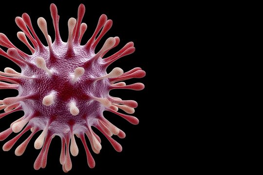 Close-up of 3d virus model with spikes on black background