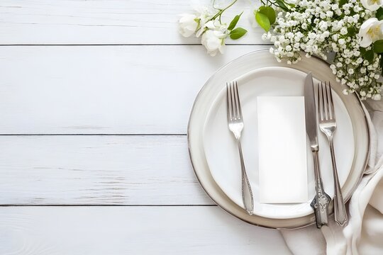 Elegant Place Setting with Floral Accents on a Rustic White Wooden Table - Powered by Adobe