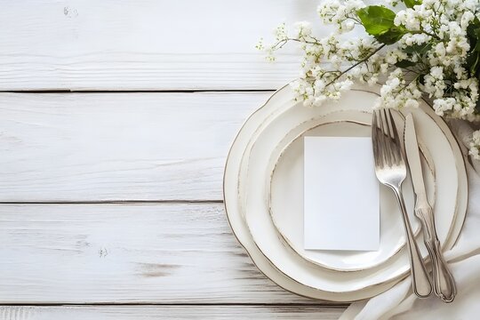 Elegant white table setting with floral accent and invitation card on rustic wood