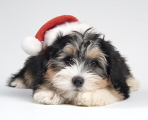 Cute Christmas Havanese puppy wearing Santa hat lying down looking at camera isolated on white background adorable small dog festive holiday portrait winter pet concept with copy space high quality