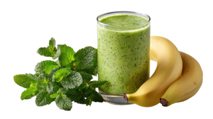 Green smoothie with banana and mint.  Fresh, healthy beverage in a glass, accompanied by a bunch of vibrant green mint leaves and a pair of ripe bananas