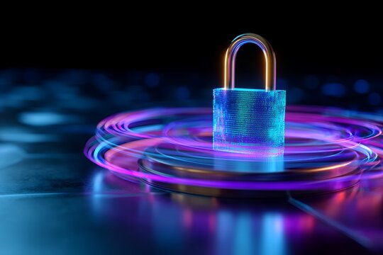 Futuristic neon padlock symbolizing cybersecurity and digital protection