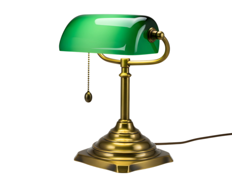 Classic brass banker s lamp with green glass shade isolated on transparent background