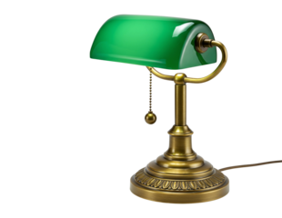 Classic brass banker s lamp with green glass shade isolated on transparent background