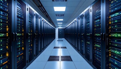 A symmetrical corridor lined with server racks in a data center, showcasing the technology infrastructure