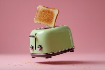 Vintage green toaster launching toast against pink background