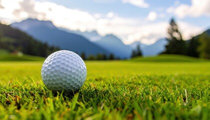 Fototapeta premium Golf ball on a green fairway with mountains in the background