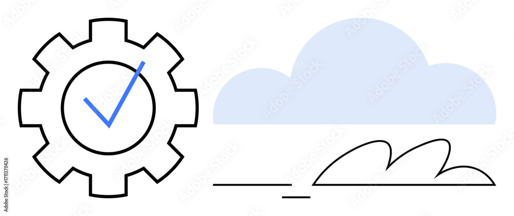 Aufkleber gear with checkmark next to a blue cloud and abstract lines. ideal for automation, optimization, clo