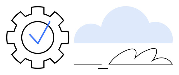 Gear with checkmark next to a blue cloud and abstract lines. Ideal for automation, optimization, cloud services, workflow, task management, smart technology, teamwork. Simple flat metaphor