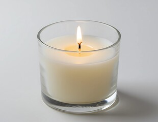 A lit white candle in a clear glass holder on a white background