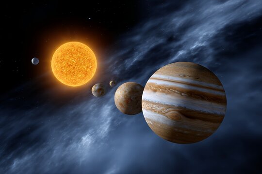 Solar system planets align with the sun in deep space