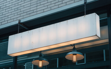 Blank rectangular signboard illuminated by warm light outside building exterior illustration