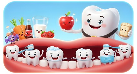 Cartoon teeth in mouth with various foods and dental hygiene items against a blue background sky