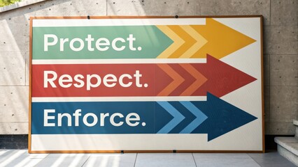 Fototapeta premium Colorful motivational sign with arrows displaying messages of protect, respect, and enforce in a modern setting