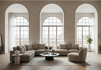Fototapeta premium Spacious and elegant living room interior with a large beige sectional sofa and three grand arched windows.