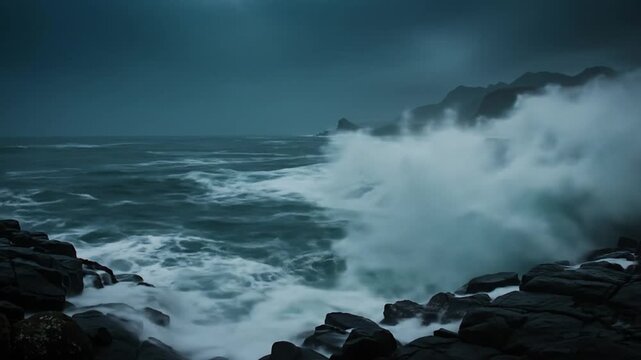 Powerful wave crashing against rocks at night