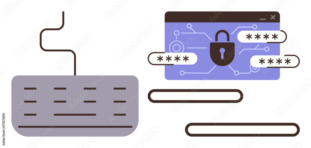 Aufkleber keyboard connected to a secure login form with lock icon, encrypted passwords, and text fields. idea