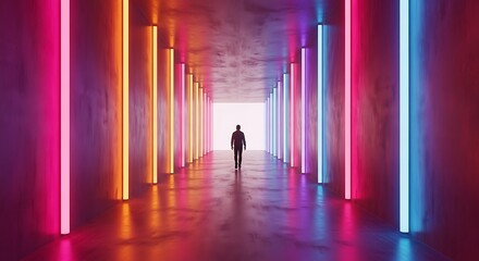 Fototapeta premium Neon Corridor Journey of a Person.
