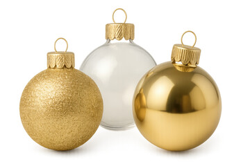 Golden and White christmas balls decorations hanging with transparent background