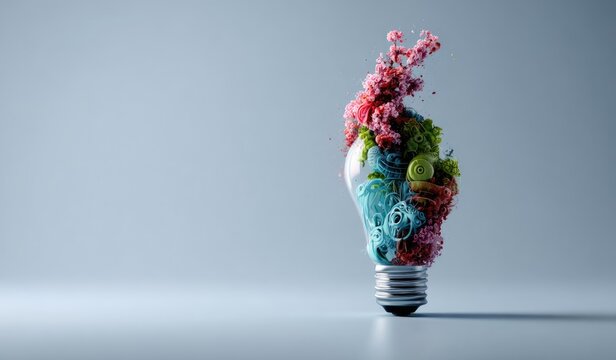 Abstract lightbulb with vibrant colors erupting from it - Powered by Adobe