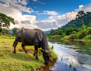 Fototapeta premium Asian Water Buffalo Drinking in Tranquil River Scenery with Lush Green Hills and Cloudy Blue Sky in Thailand