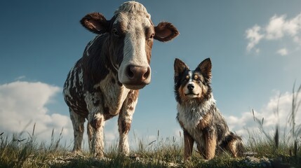 Cow standing next to shepherd dog in green pasture, symbol of teamwork and farm life, ideal for agriculture and companionship themes