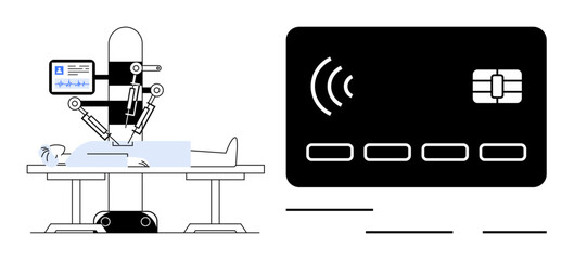 Robotic arm performing surgery on a patient with a digital payment card concept. Ideal for healthcare, technology, AI innovation, medical advancement, fintech, automation, and smart systems. Simple