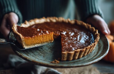 Baker serving slice of freshly baked pumpkin pie for thanksgiving dinner