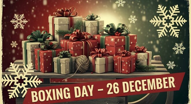 Gift boxes and snowflakes background for Boxing Day - 26 December sale