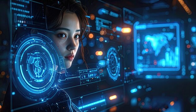 Asian Woman with Glowing Blue Holographic Displays in Dark Environment futuristic interface user data processing digital information hud projection - Powered by Adobe