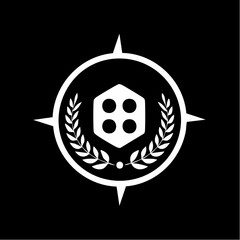A white compass rose emblem featuring a stylized die with four dots, surrounded by laurel branches, set against a stark black background.