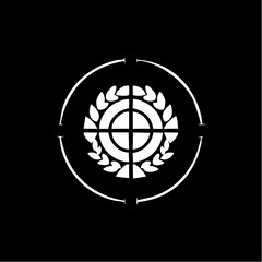 A minimalist white emblem featuring a crosshair target superimposed over a laurel wreath, set against a stark black background, suggesting focus, precision, or achievement.