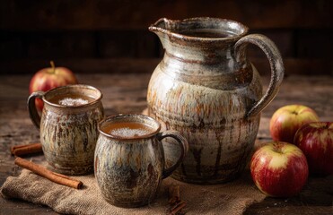 Hot apple cider with cinnamon sticks and apples on rustic wooden table