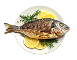 Whole Grilled Fish Served with Lemon Slices and Rosemary Garnish