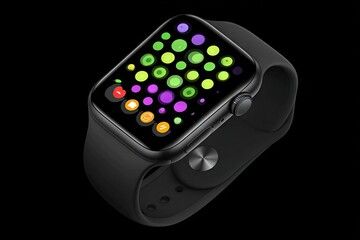Smartwatch with vibrant, colorful circles on a black display