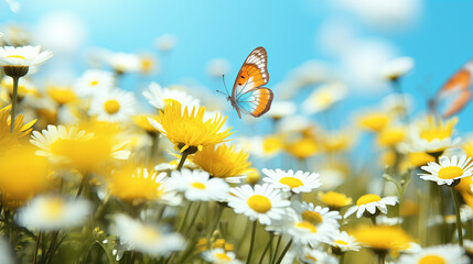 Butterfly on Daisies: Vibrant Spring Meadow Scene with Blue Sky, Close-Up Macro Photography, Nature Landscape, Floral Beauty, Summer Field