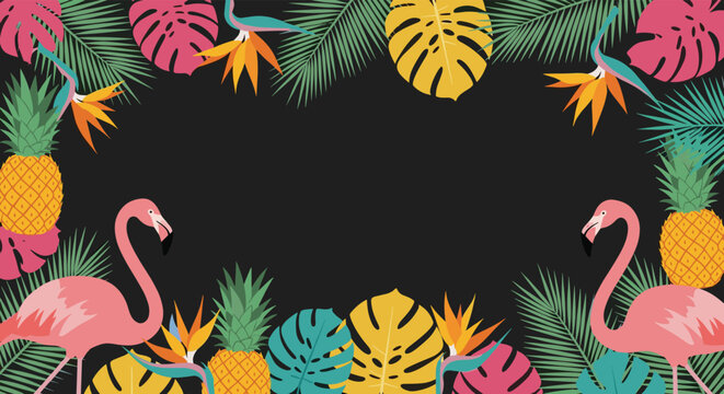 Tropical paradise with flamingos pineapples and lush green foliage.