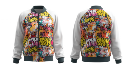 Graffiti bomber jacket front and back view isolated on transparent background