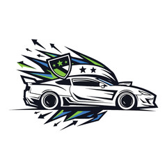 Fototapeta premium White sports car speeding with shield and stars graphic design.