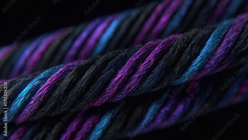 Poster close-up view of intricately woven, multicolored threads creating a dynamic and mesmerizing textile 