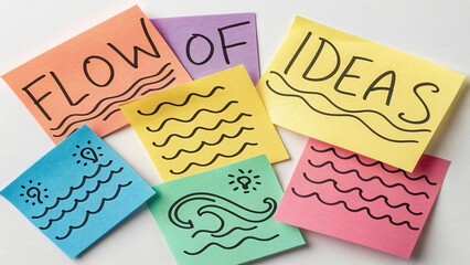 Colorful sticky notes with creative designs showcasing the concept of flow of ideas and brainstorming in a fun manner