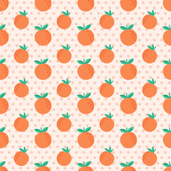 Orange Fruit Pattern With Green Leaves On Pink Polka Dot Background