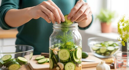 Person placing cucumber slices and dill into a jar for pickling on a kitchen counter scene view