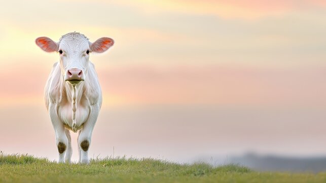 A serene white cow stands in a lush green field against a colorful sunset, embodying tranquility and rural beauty. - Powered by Adobe